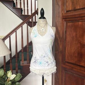 Vintage Y2k Floral White HaLter Top Ibiza Summer Beachy Vacation